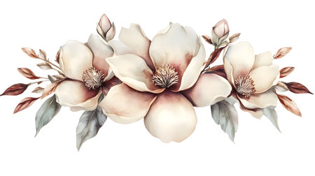 Soft and Muted Watercolor Painting of Magnolia Flowers in a Romantic Floral Frame,Perfect for Elegant Wedding Invitation Cards,Greeting Cards,and Luxury Stationery Designsの写真素材