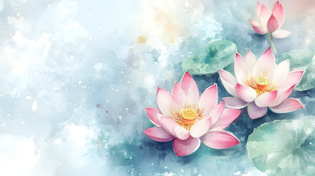 Delicate and serene watercolor lotus flowers in soft pastel hues create a calming and tranquil atmosphere,perfect for wedding card designs with a spiritual and romantic ambiance.の写真素材