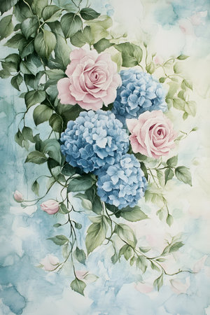 Delicate watercolor hydrangeas and roses intertwined with lush ivy in a beautiful pastel color palette of soft blues and pinks,creating a romantic,vintage-inspired design for wedding cards.の写真素材