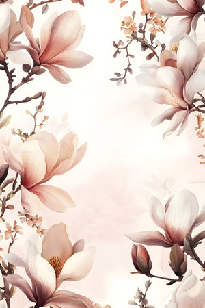 Exquisite soft watercolor floral frame featuring delicate magnolia flowers in muted peach and ivory tones,creating a luxurious and refined backdrop perfect for wedding cards,invitations.の写真素材