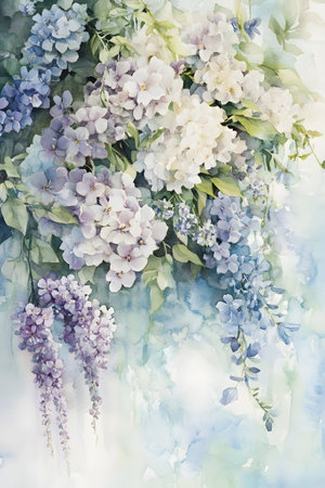 Romantic and whimsical watercolor floral arch featuring lilacs and delphiniums in soft lavender and white tones,creating a delicate and ethereal wedding design backdrop.の写真素材