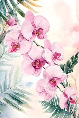 Exquisite watercolor painting showcasing a beautiful arrangement of pink orchid flowers and lush tropical fern leaves in soft,soothing tones. This modern.の写真素材