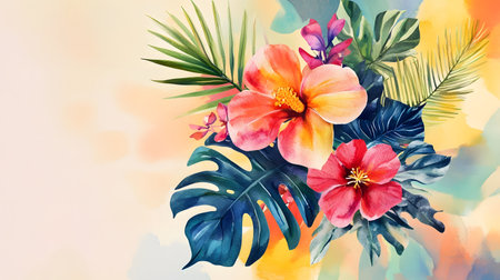 Vibrant watercolor tropical bouquet with monstera leaves and exotic flowers in bold,vivid colors perfect for modern wedding invitations,event decor,or nature-inspired designs.の写真素材