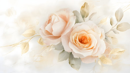 Stunning watercolor rose bouquet with soft pink and warm beige tones,accented by luxurious gold foil details,creating an ethereal and elegant design perfect for wedding invitations,anniversary cards.の写真素材