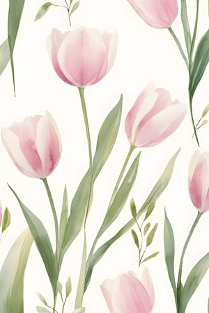 Delicate watercolor tulips in soft pink and cream shades with scattered greenery, creating a minimalist and elegant design perfect for wedding invitations, save the date cards.の写真素材