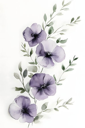 Delicate and sophisticated minimalist watercolor floral border in a muted color palette of lavender and sage tones, perfect for creating modern, elegant wedding invitations, save the date cards.の写真素材