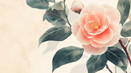 Delicate watercolor camellia flowers in blushing pink and coral tones,paired with soft olive green leaves,creating a timeless and romantic design for wedding invitations,cards,and home decor.の写真素材