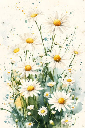 Delicate watercolor painting of daisies and chamomile flowers in a lush,fresh and airy countryside setting,perfect for rustic and bohemian-themed wedding invitations.の写真素材