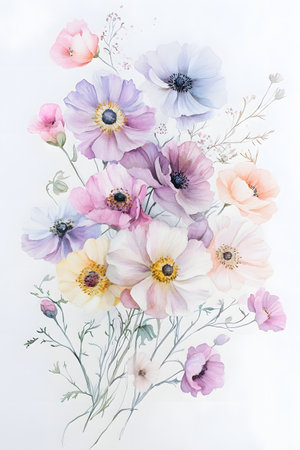 Whimsical watercolor floral arrangement featuring cosmos and ranunculus flowers in a soft,pastel color palette. The delicate.の写真素材