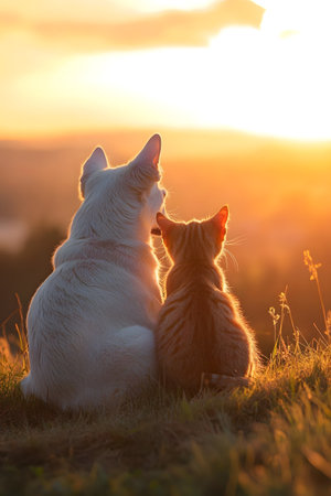 Playful dog and cat sitting together on a grassy hill,silhouetted against a vibrant golden sunset in the background,symbolizing the harmony and companionship of pet friendship.の素材