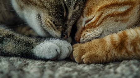 close-up of a dog and cat's paws touching gently,symbolizing the connection,love and bond between these two domestic animal companions.の素材