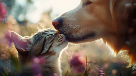 Joyful and Tender Moment of Interspecies Affection - A Dog Gently Licking the Head of Its Cat Friend amid the Blurred Blooms of a Lush Garden Backgroundの素材