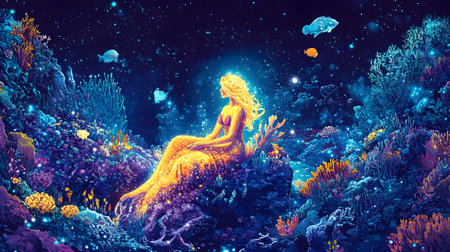 Serene and ethereal mermaid with shimmering golden hair sitting on a coral throne,surrounded by vibrant bioluminescent sea life in a glowing,mystical underwater world.の素材