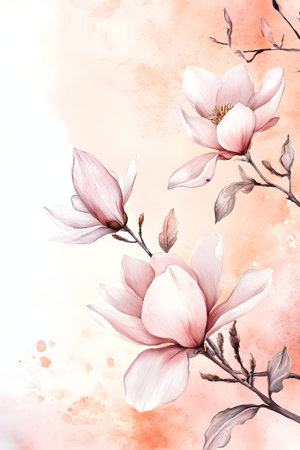Soft watercolor floral frame with delicate magnolia flowers in muted peach and ivory tones, creating a luxurious and refined look perfect for wedding cards, invitations, and other elegant designs.の写真素材