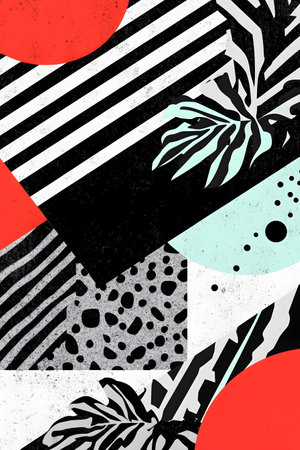 Minimalist black and white geometric patterns with vibrant neon accents,creating a sophisticated and trendy background design for modern party posters or other promotional materials.の写真素材