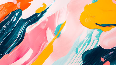Vibrant abstract painting with bold,expressive brushstrokes in a lively color palette of pink,orange,and teal. Fluid,dynamic composition with a sense of movement and creative energy.の写真素材