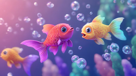 Playful 3D fish family in rainbow colors,swimming in harmony with glittery bubbles and shimmering marine life in a magical underwater scene.の素材