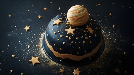 Otherworldly Masterpiece:3D Galaxy-Inspired Cake with Edible Shimmering Stars and Planet Topper Set Against a Sleek Black Background for Striking Contrastの素材