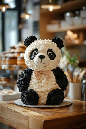 Charming 3D panda-shaped cake with a detailed fur texture and edible on a wooden bakery counter. This delectable and whimsical dessert is sure to captivate with its playful and handcrafted appeal.の素材