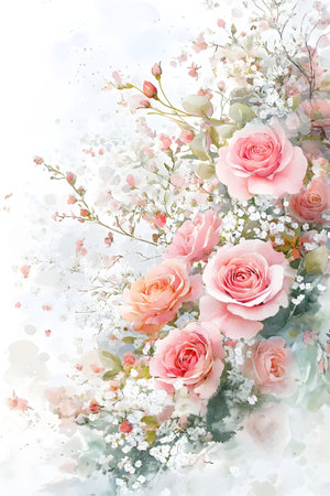 Ethereal watercolor floral cascade featuring soft pink roses and delicate baby's breath, creating a lush and romantic design perfect for luxurious wedding invitations, greeting cards.の写真素材