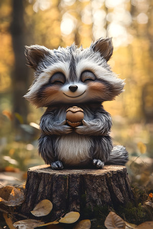 Adorable 3D Raccoon Holding Acorn on Woodland Tree Stump in Magical Autumn Forest Settingの素材