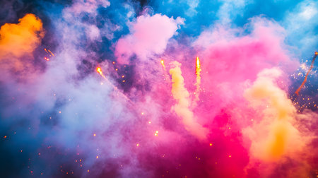 Vibrant and dynamic display of colorful smoke and light flares creating a festive,energetic,and bold party atmosphere. Capturing the essence of holiday events.の素材