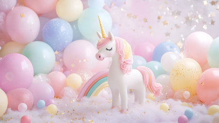 Festive Unicorn Fantasy with Pastel Rainbows,Sparkles,and Balloons for Magical and Fairytale-Inspired Themes. Whimsical,Dreamy,and Enchanting Background.の素材