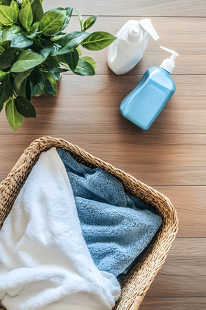 Flat lay composition featuring clean and fresh laundry items,including detergent,textile basket,and folded towels,arranged neatly on a wooden floor background. Represents the concept of a tidy.の素材
