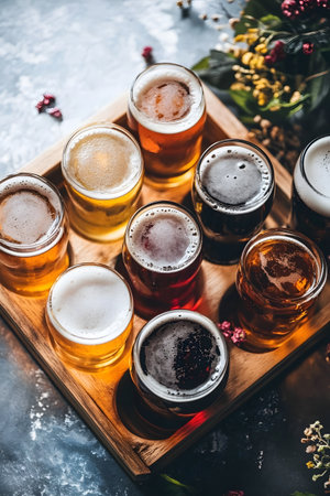 An assortment of colorful craft beers displayed on a wooden flight tray, showcasing the variety and nuances of different beer styles in a cozy, rustic pub setting.の素材
