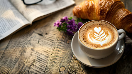 Rustic cappuccino with intricate latte art served on a wooden table,accompanied by a fresh croissant and a morning newspaper,creating a cozy and inviting cafe scene for a relaxing start to the day.の素材
