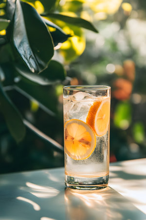 A tall glass of refreshing lemonade with lemon slices and ice cubes resting on a sunlit wooden garden table,offering a cool and inviting summer drink in a natural outdoor setting.の素材