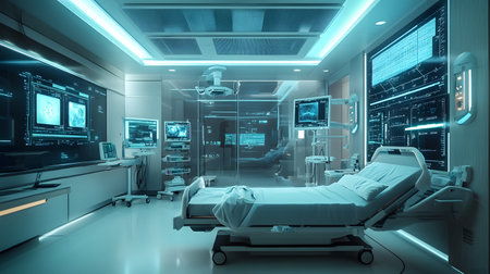 Futuristic hospital room featuring advanced medical devices, holographic screens, and cutting-edge technology designed for patient care and healthcare innovation.の素材