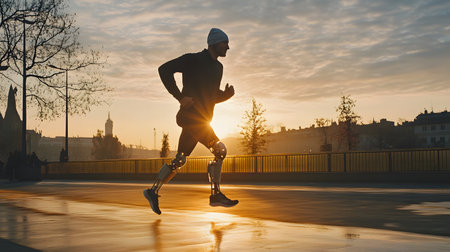 Resilient and motivated man with prosthetic leg jogging on the city street at sunrise, showcasing the power of advanced rehabilitation technology and the human spirit.の素材
