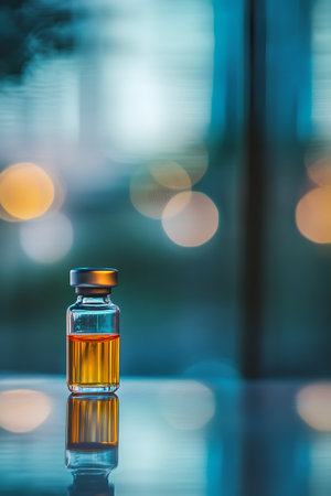 Vaccine Vial and Syringe with Blurred Clinic Background, Pharmaceutical Healthcare Advertising Concept for Immunization, Public Health, and Preventionの素材