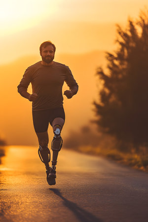 Silhouetted male runner with prosthetic leg jogging through a scenic sunrise landscape, conveying a sense of health, determination, and the advancement of rehabilitation technology.の素材