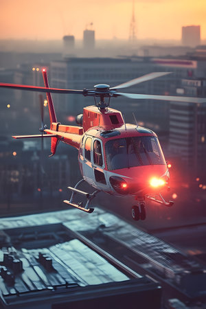 Emergency Helicopter Landing on Hospital Rooftop at Night in Illuminated Cityscape with Skyscrapers and Urban Infrastructure for Urgent Healthcare and Crisis Responseの素材