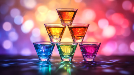 Striking shot glass pyramid arrangement with vibrant and colorful liqueurs,creating a dynamic and festive party atmosphere through the reflection of light.の素材