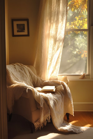 A tranquil and inviting reading corner with soft curtains filtering in the warm sunlight, a comfortable armchair, and a cozy knit blanket.の素材
