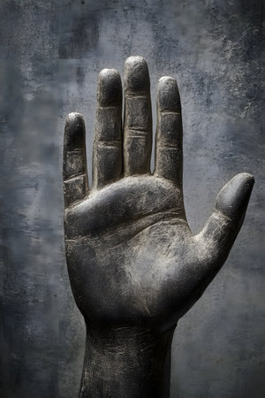 Close-up view of a human hand making a stop gesture against a soft, moody grey background, conveying a sense of caution, restriction, and personal boundaries. The image has a minimalist.の素材