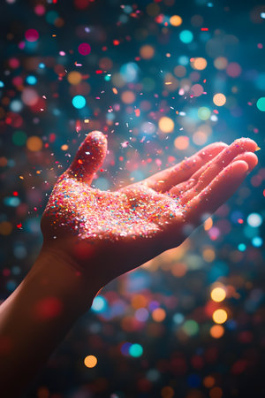Hand releasing a burst of colorful, shimmering confetti into a bright, festive background, capturing the essence of captivating imagination.の素材