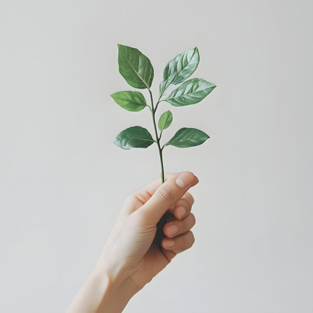 Hand Holding Sprouting Plant Eco-Friendly Sustainable Concept Hyper-Detailed Realism Natural Green Hues Isolated on White Background. Environmental Conservation, Renewable Energy.の素材