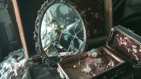 Shattered Beauty:A broken handheld mirror reflecting the timeless elegance of an antique jewelry box, capturing a nostalgic and surreal moment of fragile beauty.の素材