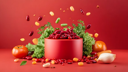 Visually striking image of a red kidney bean podium surrounded by an array of fresh, colorful vegetables on a plain red background. This image is perfect for food-related product advertising.の素材