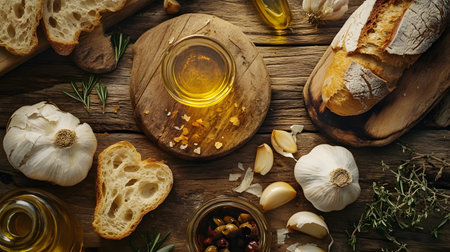 Roasted garlic podium with caramelized textures, surrounded by fresh bread and olive oil, creating a cozy and gourmet advertising scene for culinary or food-related products.の素材