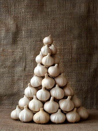 Artfully stacked woven garlic bulbs forming a pyramid-like podium, set against a rustic burlap texture backdrop for natural product advertising or autumnseasonal display.の素材