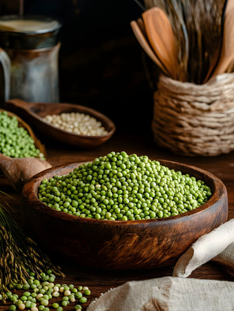 Mound of fresh green split peas in a rustic wooden bowl, surrounded by various kitchen props and utensils, creating a natural, plant-based still life composition perfect for health, nutrition.の素材