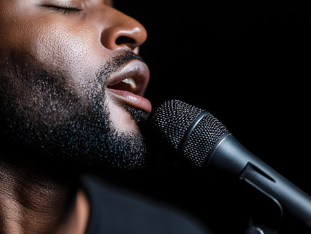 Close-up portrait of a bearded man practicing vocal exercises in a studio setting, with a microphone in the background, focused on soothing and caring for his voice and throat.の素材