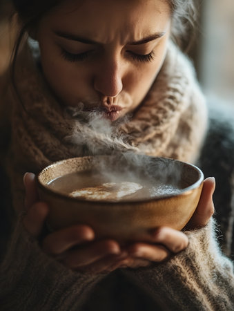 Close-up of a woman's hands holding a bowl of hot, steaming soup on a chilly autumn day, as she finds comfort and nourishment in the warm beverage during the seasonal transition.の素材