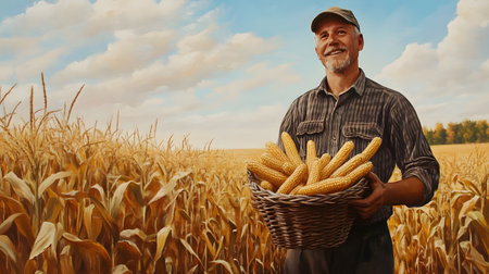 Proud Farmer Standing in Bountiful Corn Field Holding Overflowing Harvest Basket, Symbolic of Successful Agricultural Yield and Rural Prideの素材