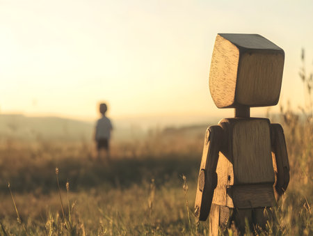 Wooden figurine of a boy standing alone in a field, quietly gazing at a child playing in the distance as the sun sets, creating a nostalgic and emotive storytelling concept.の素材
